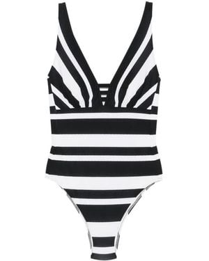 Maryan Mehlhorn Striped-Pattern V-Neck Swimsuit - Black