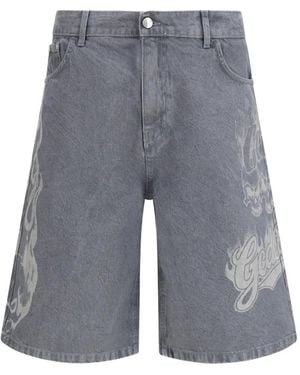 Gcds Skull-Print Denim Shorts - Grey