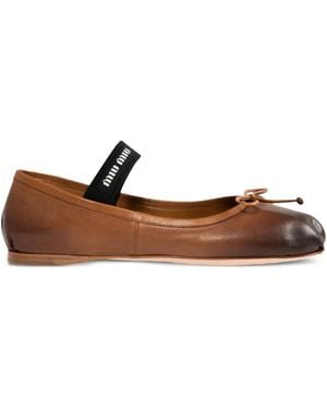 Miu Miu Elasticated Leather Ballerina - Brown