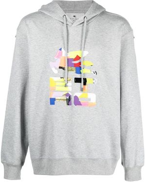 Etro Patchwork Logo-Print Rib-Trimmed Hoodie - Grey