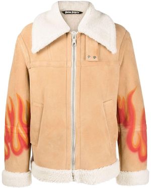 Palm Angels Flame-Print Shearling Jacket - Orange