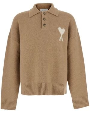 Ami Paris Ami De Coeur Pullover Mit Poloshirtkragen - Natur