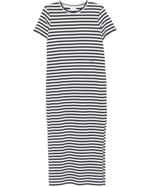 Closed Striped-Pattern Short-Sleeve Midi Dress - White