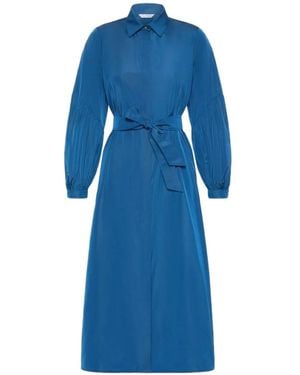 Max Mara Belted Balloon-Sleeve Midi Dress - Blue
