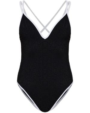 Balmain Monogram-Pattern Cross-Strap Swimsuit - Black