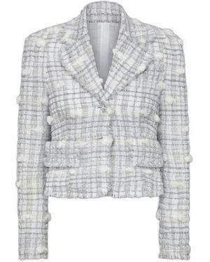 Thom Browne Repp Stripe Tweed Pouf Tweed Cropped Jacket - White
