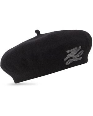 KARL LAGERFELD Logo-Embroidered Wool Beret - Black