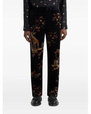 Etro Straight-Leg Cotton Velvet Pants With Placed Flower And Animal Print - Black