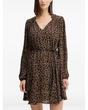 Guess V-Neck Animal-Print Mini Dress - Brown