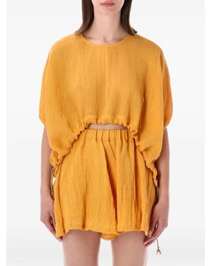 120% Lino Blusa Con Cuello Redondo - Naranja