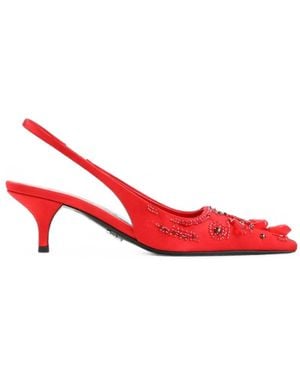 Prada Satijnen Slingback Pumps Met Borduurwerk - Rood
