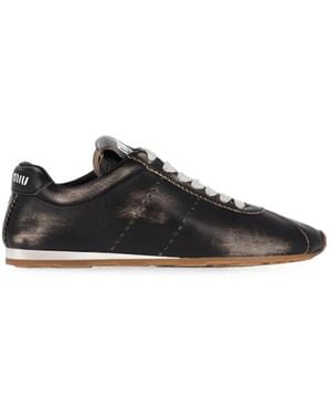 Miu Miu Plume Distressed-Effect Leather Trainers - Black
