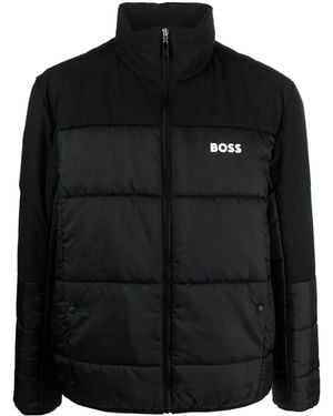 BOSS Logo-Print Paneled Padded Jacket - Black