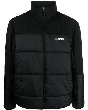 BOSS Logo-Print Panelled Padded Jacket - Black