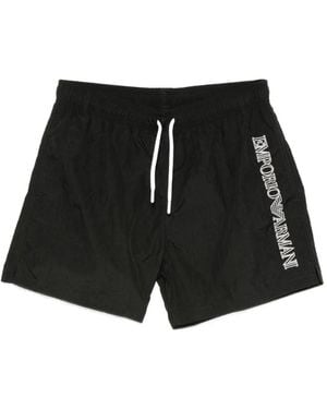 Emporio Armani Logo-Embroidered Drawstring Swim Shorts - Black