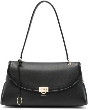 Ferragamo Gancini Pebbled Leather Tote Bag - Black