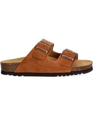 Scholl Double Buckle-Strap Slides - Brown