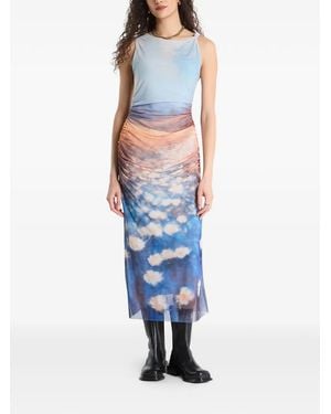Desigual Robe Froncée À Imprimé Nuage - Blue