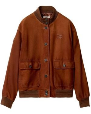 Miu Miu Logo-Detail Suede Jacket - Brown