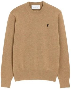 Ami Paris Crewneck Wool Jumper With Ami De Coeur - Natural