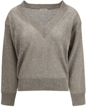 Brunello Cucinelli V-Neck Embellished Sweater - Grau
