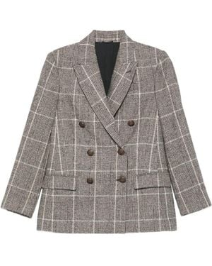 Brunello Cucinelli Alpaca And Wool Prince Of Wales Double-Breasted Blazer With Monili - Grey