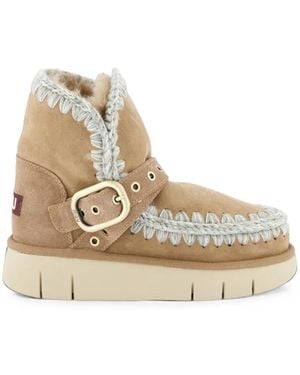 Mou Eskimo Bounce Buckled Crochet-Trim Boots - Natural