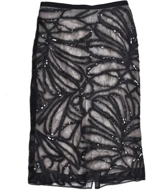 Brunello Cucinelli Sequin-Embellished Midi Floral-Embroidered Skirt - Grey