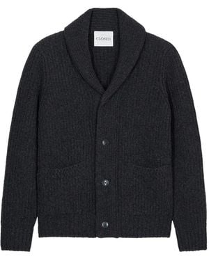 Closed Ribbed Shawl-Collar Cardigan - Blue
