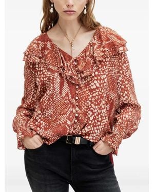 AllSaints Phoebe Ruffle-Detail Snake-Print Top - Red