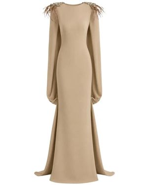 Gemy Maalouf Feather-Beaded Cape Dress - Natural