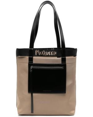 McQueen Logo-Embroidered Leather Tote Bag - Brown