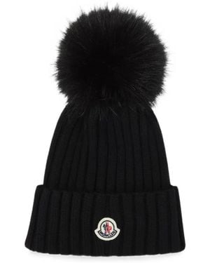 Moncler Pom-Pom Ribbed-Knit Beanie Hat - Black