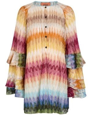 Missoni Zigzag-Knit Ruffled-Sleeve Mini Dress - White