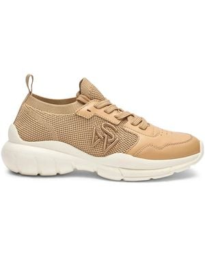 Stuart Weitzman Calf Leather Lace-Up Mesh Sneakers - Natural