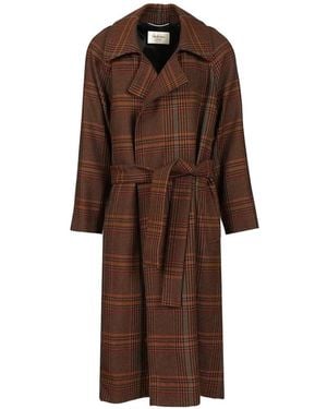 Saint Laurent Plaid Belted Coat - Brown