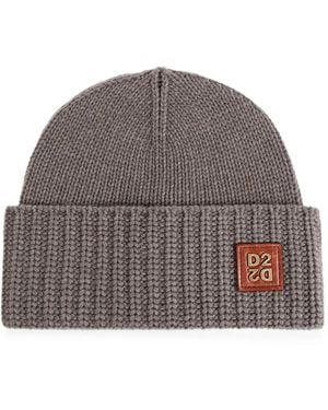 DSquared² Logo-Patch Ribbed-Knit Beanie Hat - Brown