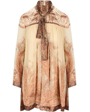 Zimmermann 'Hypnotic' Mini Dress With Pussybow Collar And All-Over Paisley Print - Brown