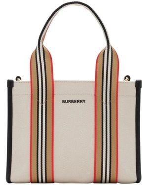 Burberry Mini Icon-Stripe-Trim Canvas Tote - Natural