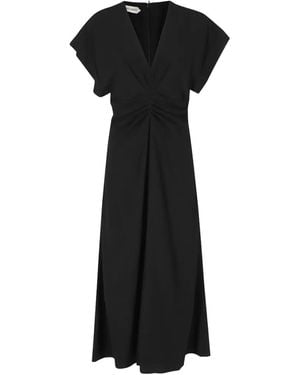 Alberta Ferretti Midi Gathered-Detail V-Neck Dress - Black