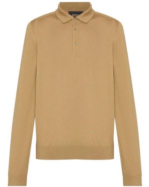 BOSS Long-Sleeve Knitted Polo Shirt - Natural