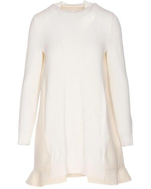Sacai Rundhals-Kleid mit Rüschensaum - Weiß