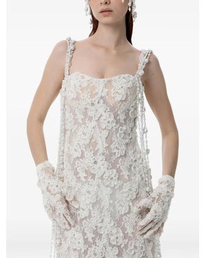 Dina Melwani Pearl-Embellished Lace Maxi Dress - White