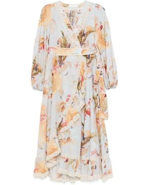 Zimmermann Floral-Print Maxi Dress With Lace Trim And Self-Tie Fastening - White