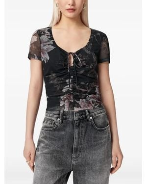 AllSaints Camiseta Slim Fruncida Con Motivo Floral - Negro