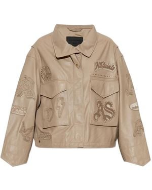 AllSaints Clay Logo-Patch Leather Jacket - Natural