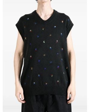 vowels Embroidered V-Neck Vest - Black