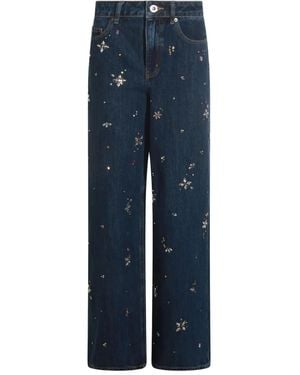 Self-Portrait Wide-Leg Denim Jeans With Floral Embellishments - Blue