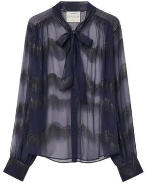 forte_forte Nuages D'Argent Pussy-Bow Metallic-Stripe Shirt - Blue