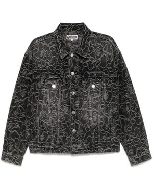 A Bathing Ape Logo-Embroidered Denim Jacket - Black